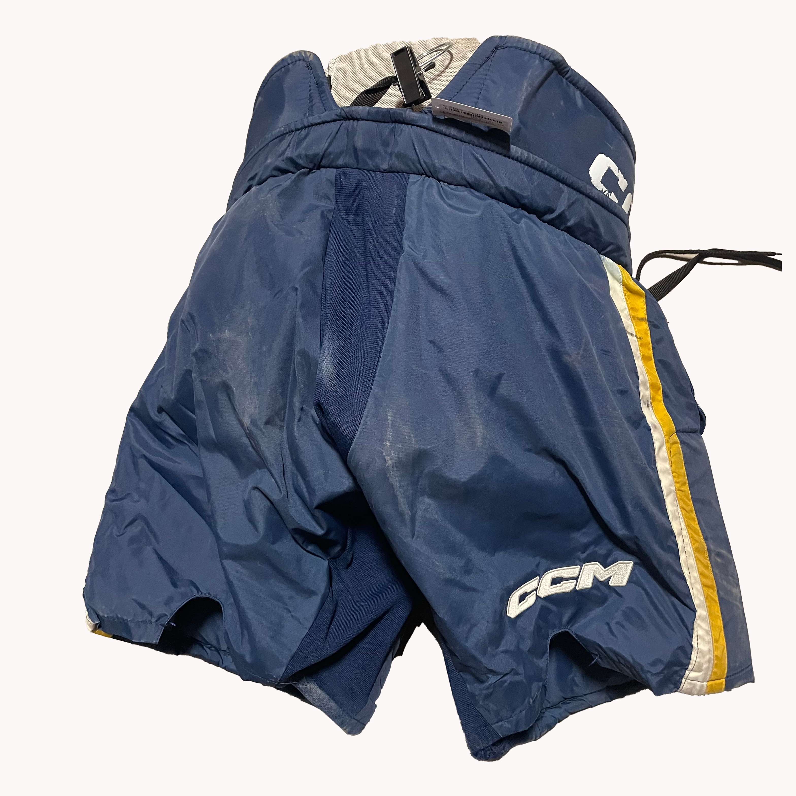 CCM HPG12A - Pantalon de gardien de but de hockey Pro Stock d'occasion de la Ligue de hockey de l'Ontario (bleu/blanc/jaune)